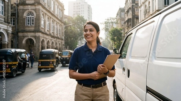 Obraz Indian woman delivery driver in blue uniform holding clipboard and smiling near white van on city street. Logistics and transportation service banner with copy space