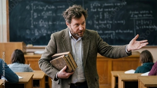 Obraz Caucasian man with beard and messy hair holding books and gesturing while giving lecture in classroom. Education and academic lifestyle