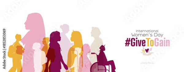 Obraz International Women's Day banner. #GiveToGain. Different women together. Modern design.