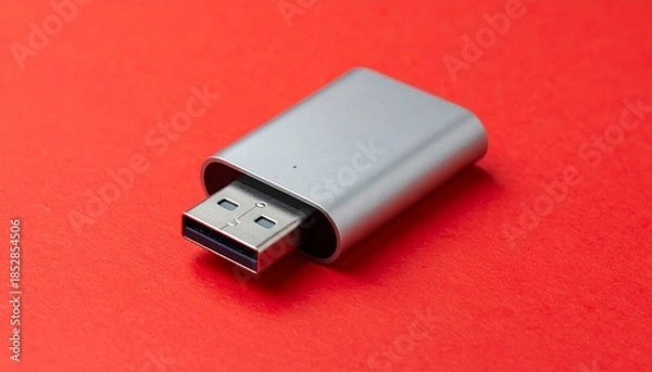 Obraz Silver USB Flash Drive on Red Background.