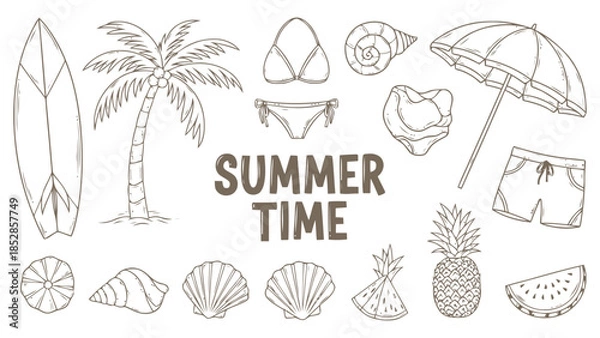 Fototapeta Summer time elements collection with beach items Vector, illustration