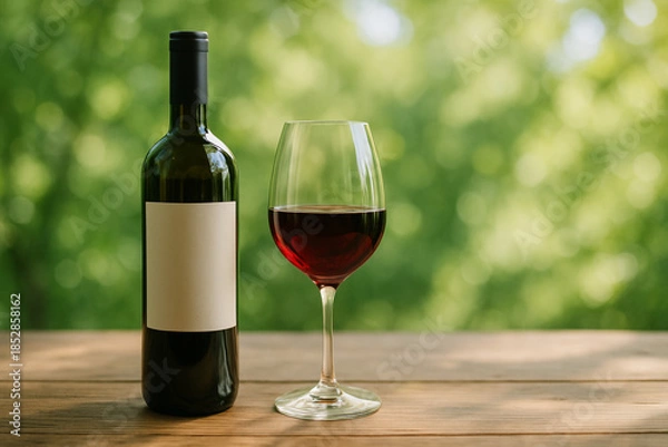 Obraz 新緑の中で赤ワインが注がれたワイングラス　テラス