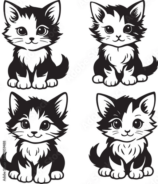 Obraz Adorable Black and White Kitten Illustrations