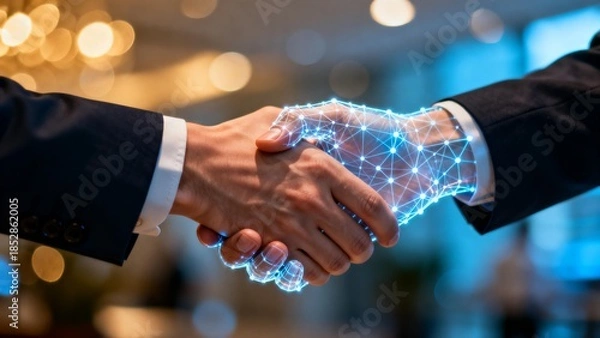 Fototapeta Handshake with digital network overlay