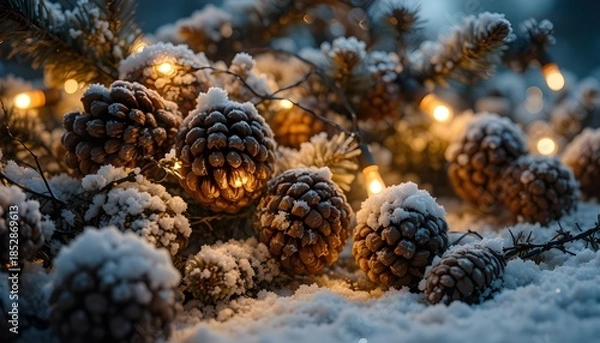 Fototapeta pine cones on snow
