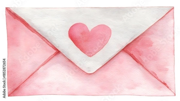 Fototapeta Watercolor Valentine's Envelope with Pink Heart Seal. Hand-Painted Love Letter Illustration.
