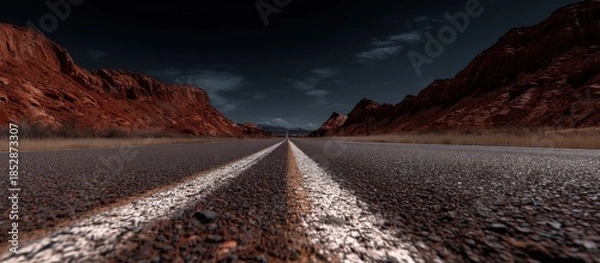 Obraz Desert road with mountains under dark sky perspective from ground level