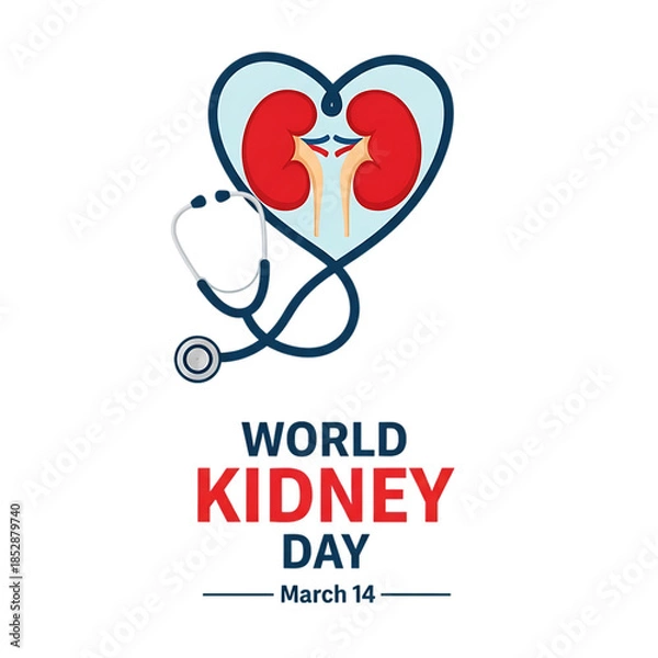 Fototapeta A heart shaped depiction of kidneys with a stethoscope and text for world kidney day on transparent background