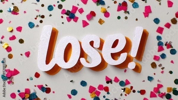 Obraz lose!" paper-cut over confetti-covered background