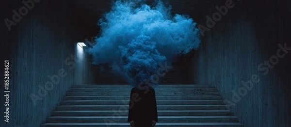 Obraz A silhouette stands before stairs with a blue smoky cloud replacing the head in a dark concrete space