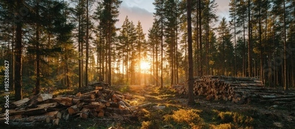 Obraz A sunlit forest scene featuring tall trees, piles of logs, and a bright sun near the horizon