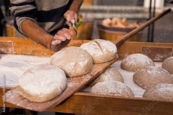 Obraz bread preparation. loaves of dough before baking