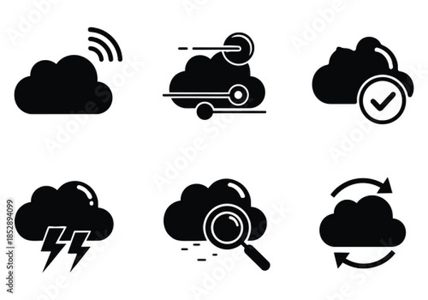 Obraz A set of cloud computing icons showing various concepts like data transfer, security, and synchronization