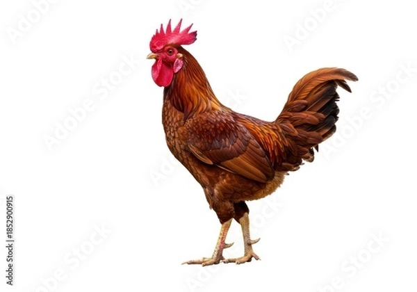 Obraz Rooster with Bright Red Comb and Vibrant Brown Feathers Standing on White Background