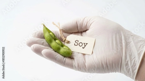 Fototapeta Hand in white latex glove holding green soybean pod with soy tag on white