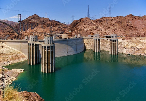 Fototapeta Upstream face of Hoover Dam, Lake Mead with intake towers