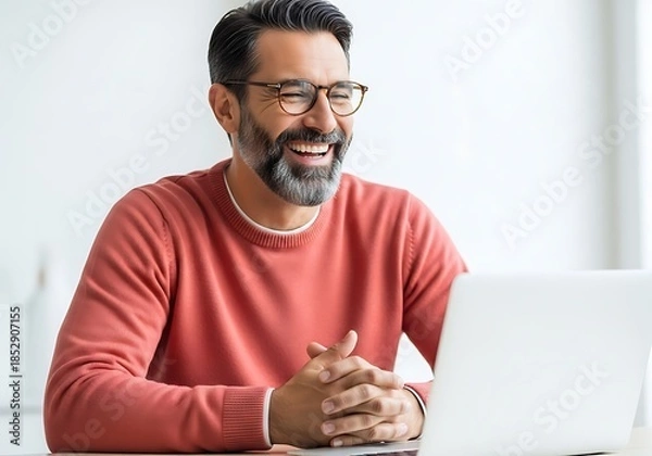 Obraz Happy middle aged man smiling while looking at laptop