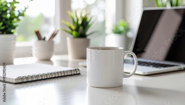 Fototapeta Blank Office Mug Mockup on Modern Work Desk
