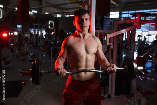 Fototapeta Young man performing barbell curl exercise