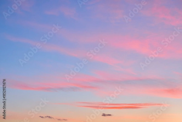 Obraz Pink and blue sky with soft clouds at sunset.