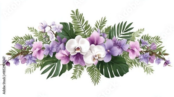 Fototapeta A vibrant floral arrangement featuring orchids and lush greenery, ideal for use in invitations, greeting cards, or home decor projects adding a touch of elegance and natural beauty,