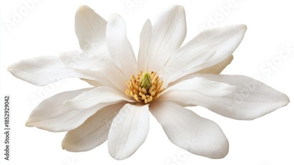 Fototapeta A delicate white flower with broad petals and a rich, yellow center, perfect for enhancing designs related to beauty, nature, or tranquility in various projects,