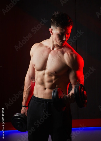 Fototapeta Muscular bodybuilder training biceps with dumbbells in red lighting.