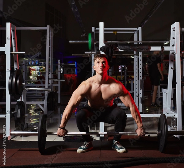 Fototapeta Muscular bodybuilder performing standing barbell upright rows in a gym.