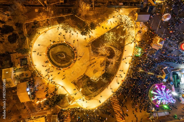 Fototapeta Aerial top-down view of a bustling city ice rink and festive market at night.
