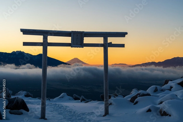 Obraz 冬の霧ケ峰高原車山山頂から夜明けの富士山