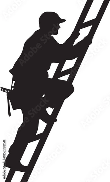 Obraz Silhouette of Construction Worker Climbing a Ladder Isolated on White Background