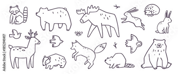 Obraz Outline forest animals set. Wild animals vector collection. Line animals bundle.