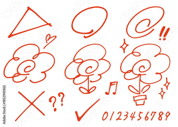 Obraz 採点に使える手描き丸付け・花丸・記号・数字セット