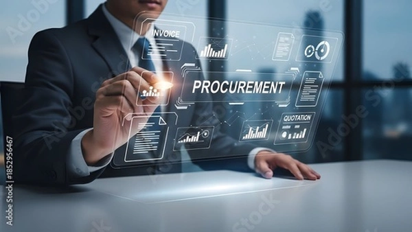 Obraz Businessman Interacting with Futuristic Procurement Interface Displaying Charts and Documents technology