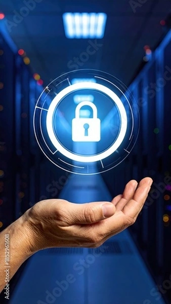 Fototapeta Hand Protecting Digital Data Lock in Server Room