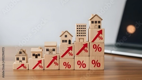 Obraz Wooden blocks with house and building miniatures stacked in ascending order with percentage signs and red arrows indicating growth