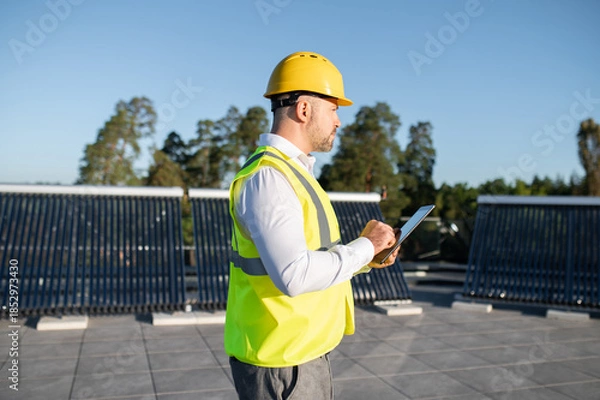 Obraz Engineer in protective vest analyzing solar energy installation with gadget
