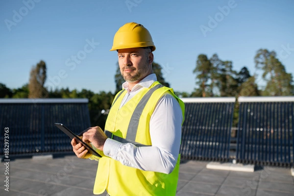 Obraz Worker inspecting rooftop solar panels holding digital tablet in hands