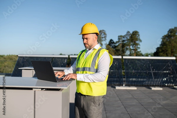 Obraz Technician using computer to monitor solar power system efficiency