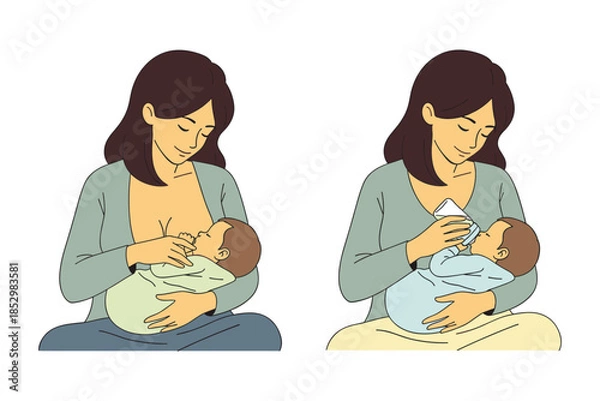 Obraz Illustrates a woman breastfeeding her baby and feeding it a bottle.