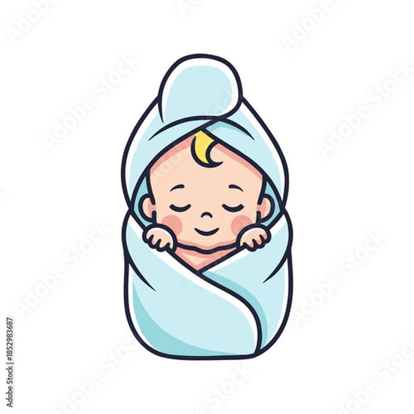 Fototapeta Baby swaddled in a blue blanket towel.