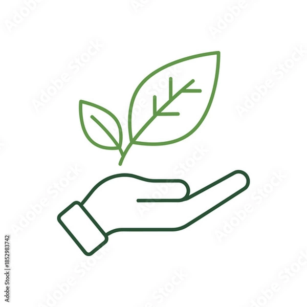 Obraz Green hand holding two green leaves.