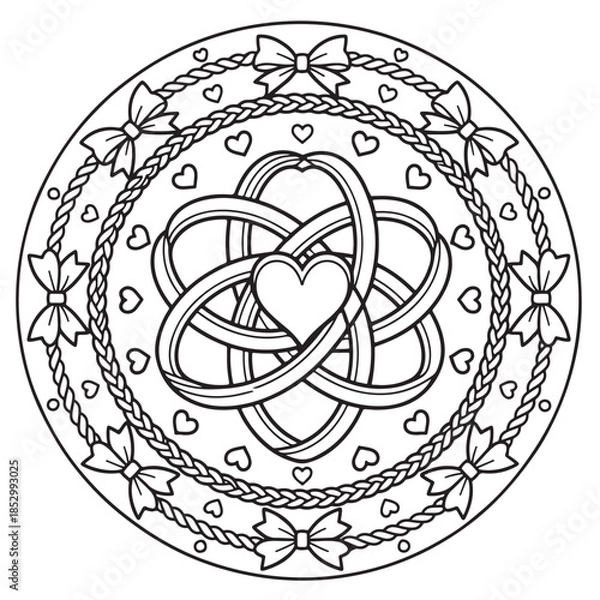Fototapeta An intricate love knot mandala coloring page featuring hearts, bows, and decorative braided ropes