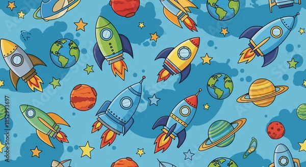 Obraz Colorful Seamless Pattern with Rockets Planets and Stars for Children Space Theme Artwork
