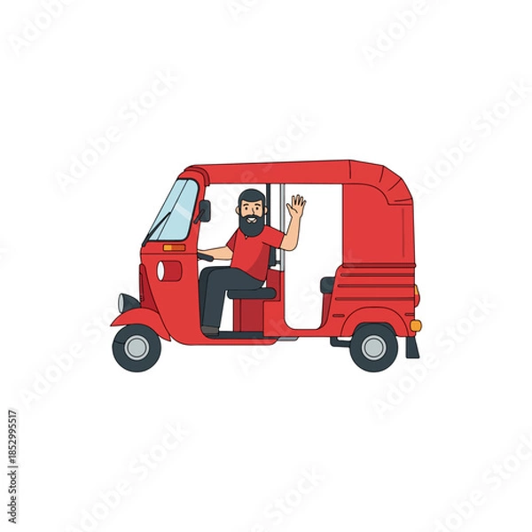 Fototapeta Red auto rickshaw with waving driver inside.