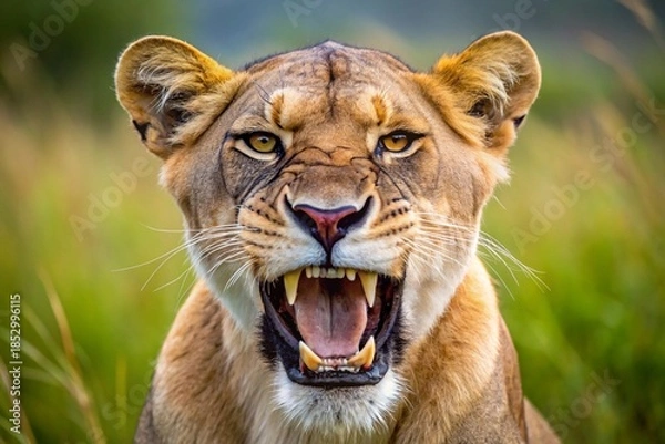 Fototapeta Lioness displaying dangerous teeth