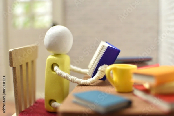 Obraz 読書をする木製人形の写真　積まれた本　趣味の時間　勉強　ミニチュア