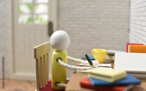 Obraz ノートに書き留めている木製人形の写真　勉強　執筆活動　宿題