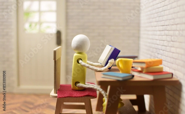 Obraz 読書をする木製人形の写真　積まれた本　趣味の時間　勉強　ミニチュア