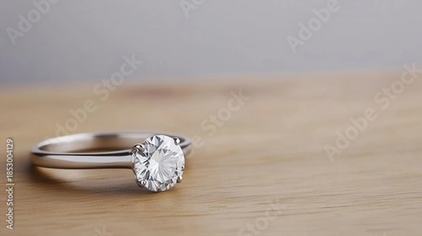 Obraz Elegant solitaire diamond ring on wooden surface with soft background